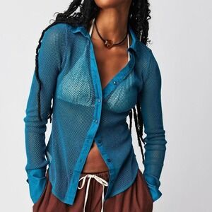 Free People Siggi Button Down Turquoise Mesh Type shirt size medium new